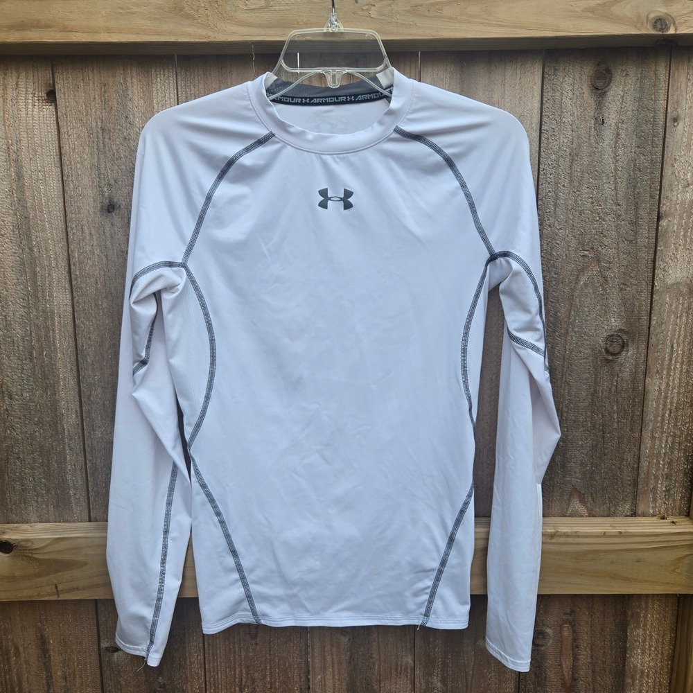 Under Armour Mens HeatGear Compression Shirt Long Sleeve White Grey Small Note*